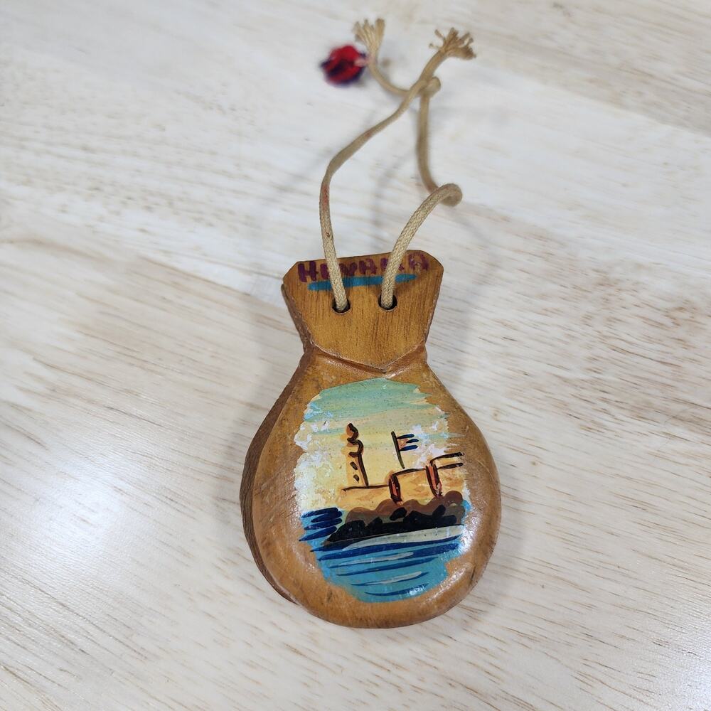 Vintage Havana Cuba Wooden Castanets Clappers Hand Painted Souvenir Folk Instrum